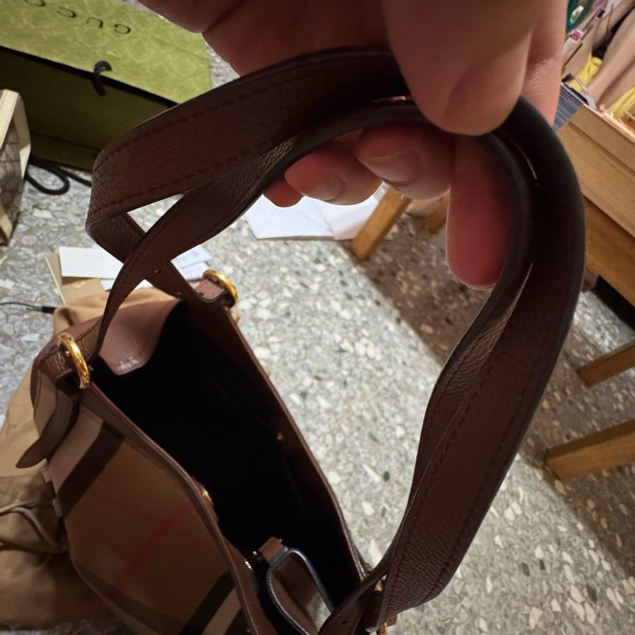 BURBERRY 巴寶莉 Canterby 經典格紋拼接皮革手提肩背包(深卡其x駝)-3