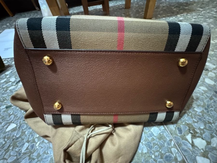 BURBERRY 巴寶莉 Canterby 經典格紋拼接皮革手提肩背包(深卡其x駝)-4