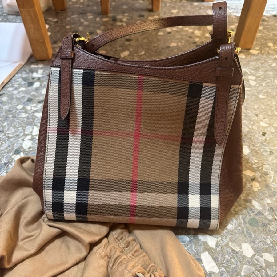 BURBERRY 巴寶莉 Canterby 經典格紋拼接皮革手提肩背包(深卡其x駝)-7