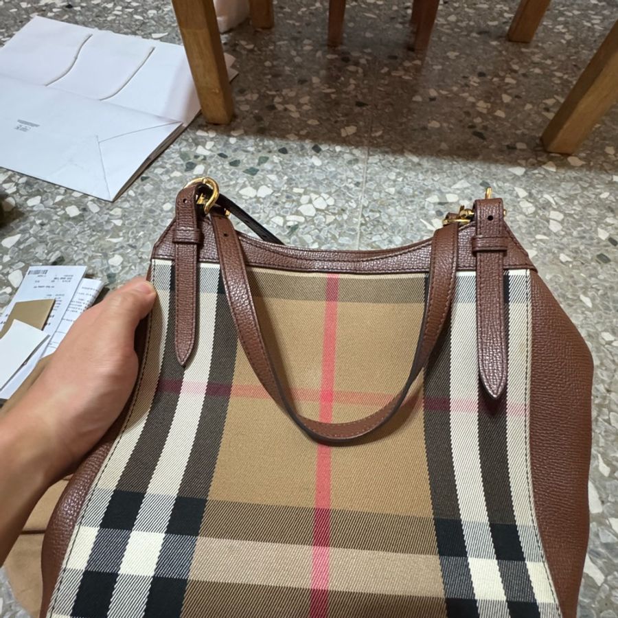 BURBERRY 巴寶莉 Canterby 經典格紋拼接皮革手提肩背包(深卡其x駝)-8