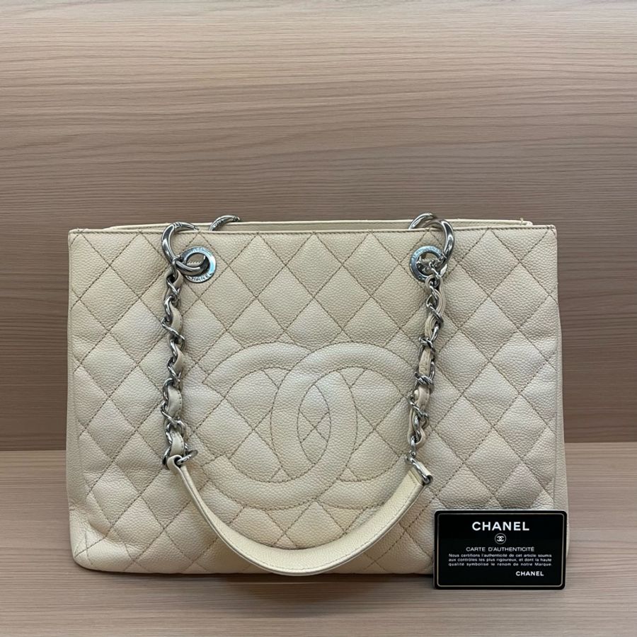 Chanel香奈儿GST奶茶色荔枝皮大號,2014年 ,18開 托特链条单肩包 有卡 有塵袋 無盒子-0