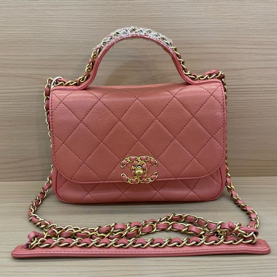 Chanel 香奈儿 19bag 28開 珊瑚粉 邮差手提斜挎链条包 有塵袋 無卡 無盒子 尺寸底長20*高14*寬6cm-0