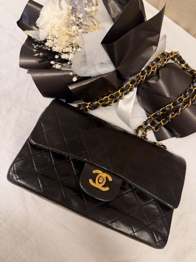 Chanel Classic Flap 23cm Vintage 老香 黑金 羊皮|有保卡-0