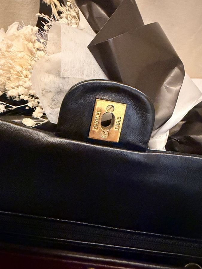 Chanel Classic Flap 23cm Vintage 老香 黑金 羊皮|有保卡-3