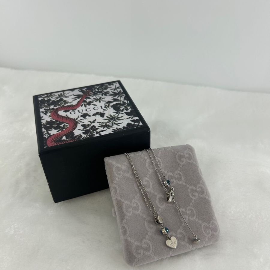 GUCCI 925純銀藍色托帕石心形滑動項鍊-0