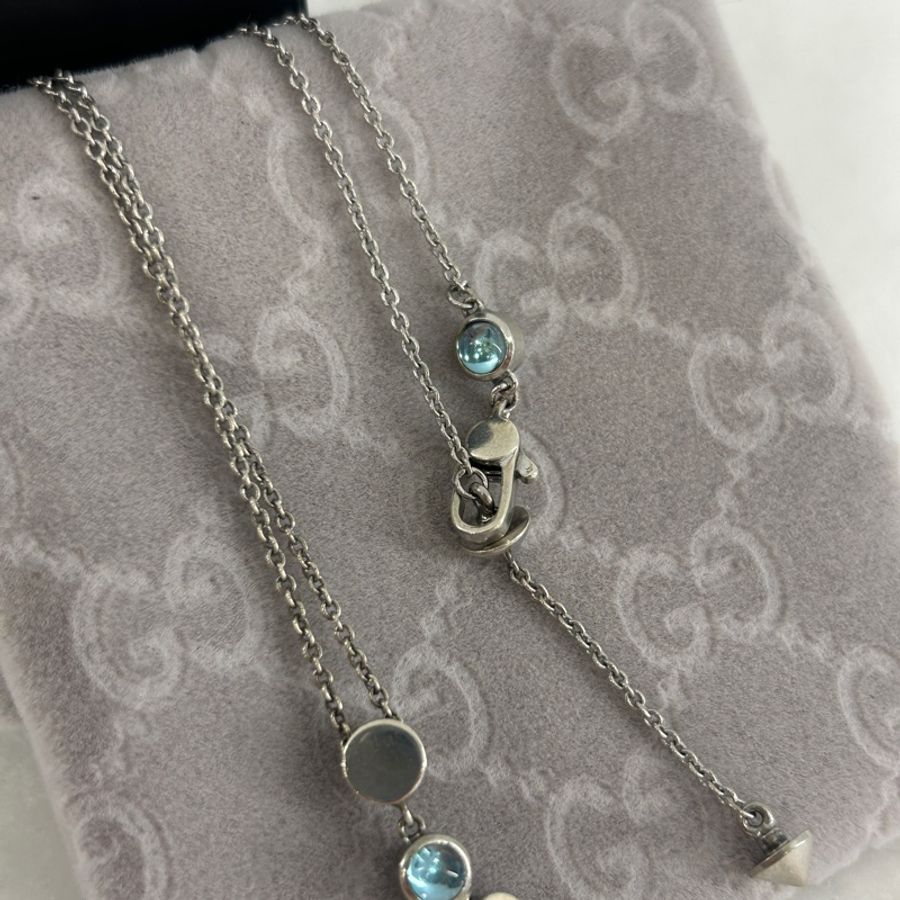 GUCCI 925純銀藍色托帕石心形滑動項鍊-3