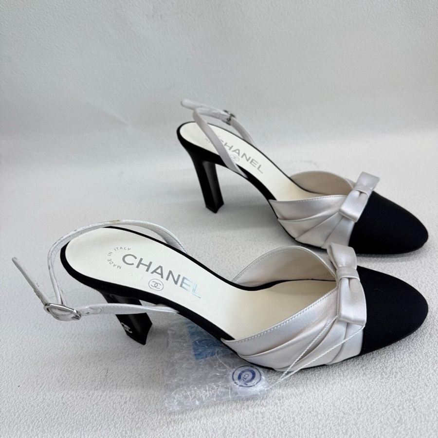 Chanel香奈兒 25ss新款 白色緞面蝴蝶結高跟鞋 37碼-2