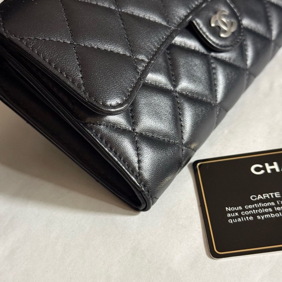 99新chanel香奈兒 黑色銀扣黑銀CF錢包長款錢夾卡包 25開有卡 盒子塵袋-6