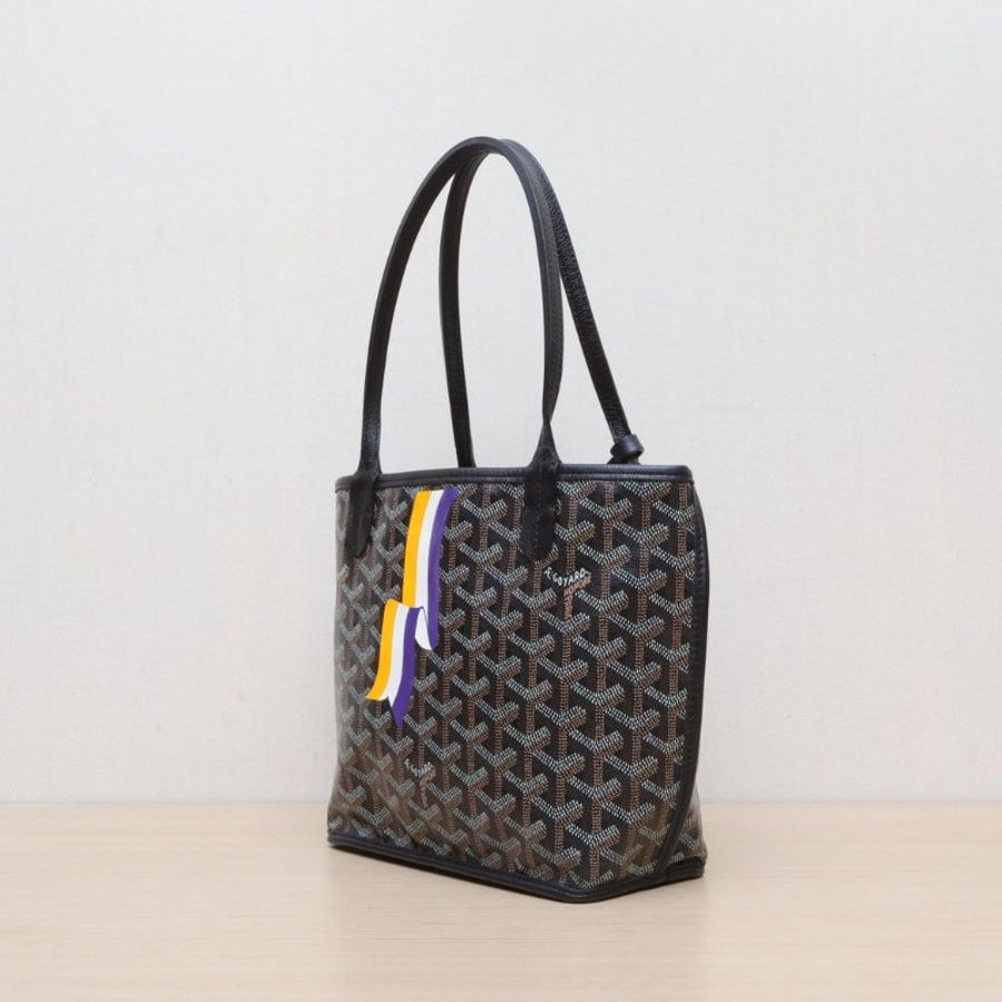 GOYARD Anjou雙面購物袋Mini20黑色牛皮銀扣肩背包-4