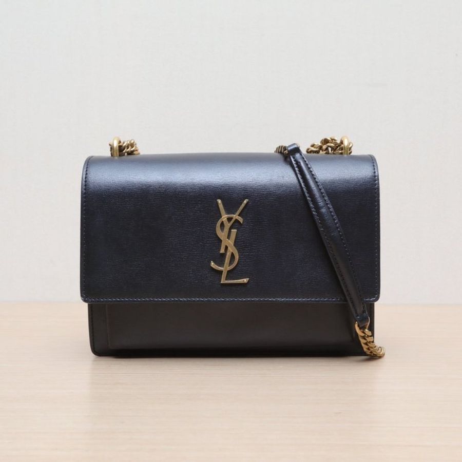 SAINT LAURENT SUNSET日落包中號22黑色牛皮金扣肩背包-1