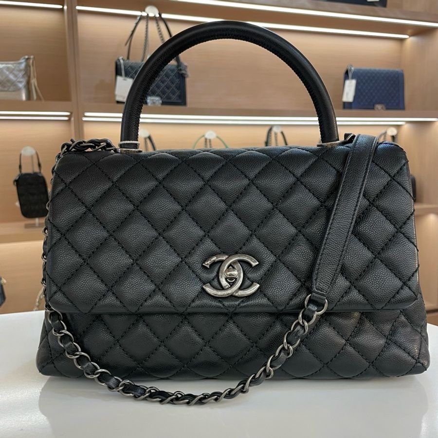 CHANEL+香奈儿黑色菱格纹牛皮银扣手提单肩斜挎包 有塵袋 無盒子 尺寸底长30*高18cm-0