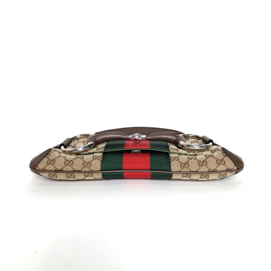 GUCCI 烏木色帆布銀扣23秋冬馬銜扣腋下包肩背包-4