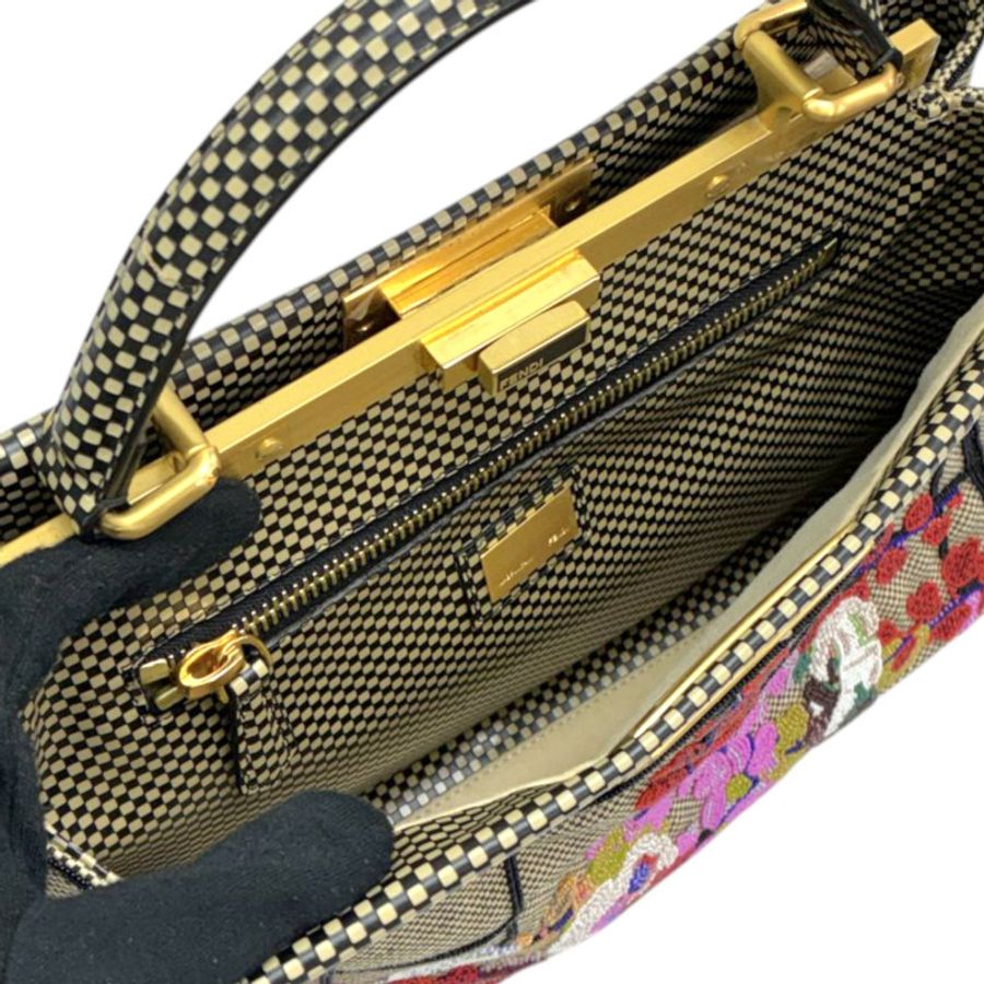 棕色 帆布 花卉珠飾 Peekaboo 兩用包【FENDI 芬迪】 8BN226-2