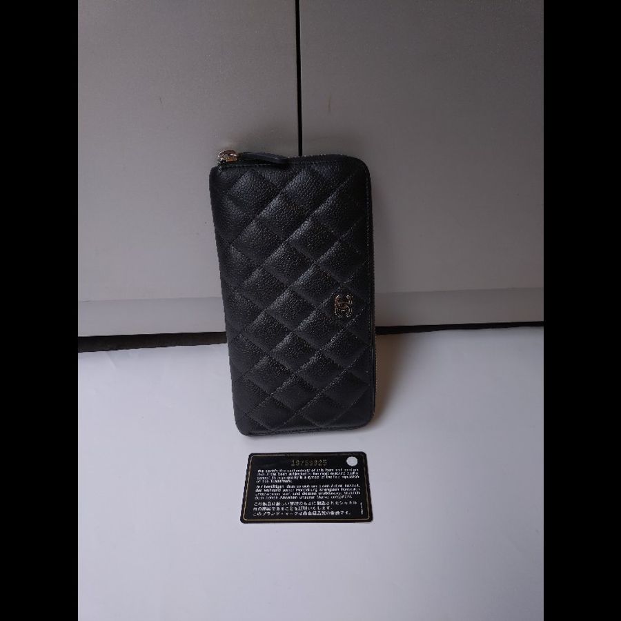 Chanel 黑荔枝皮菱格拉鍊長夾-3