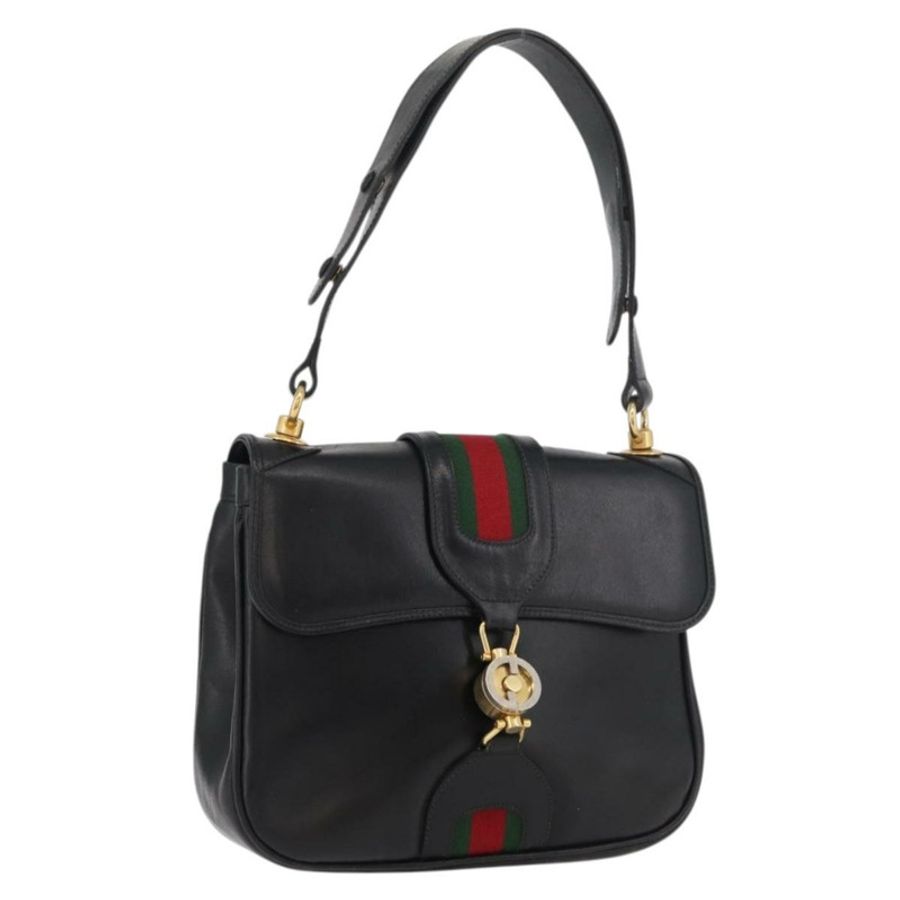 【日本直送】GUCCI Web Sherry Line Jackie 單肩包,黑色金色紅色皮革,正品編號 176825A-0