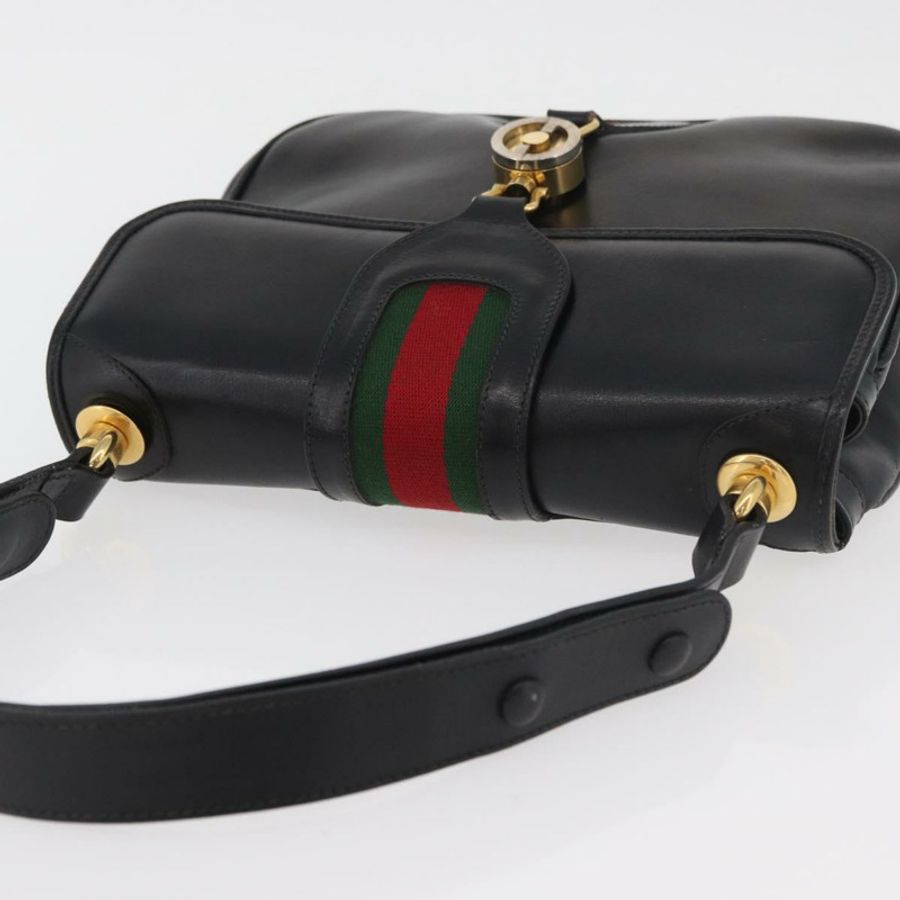 【日本直送】GUCCI Web Sherry Line Jackie 單肩包,黑色金色紅色皮革,正品編號 176825A-5