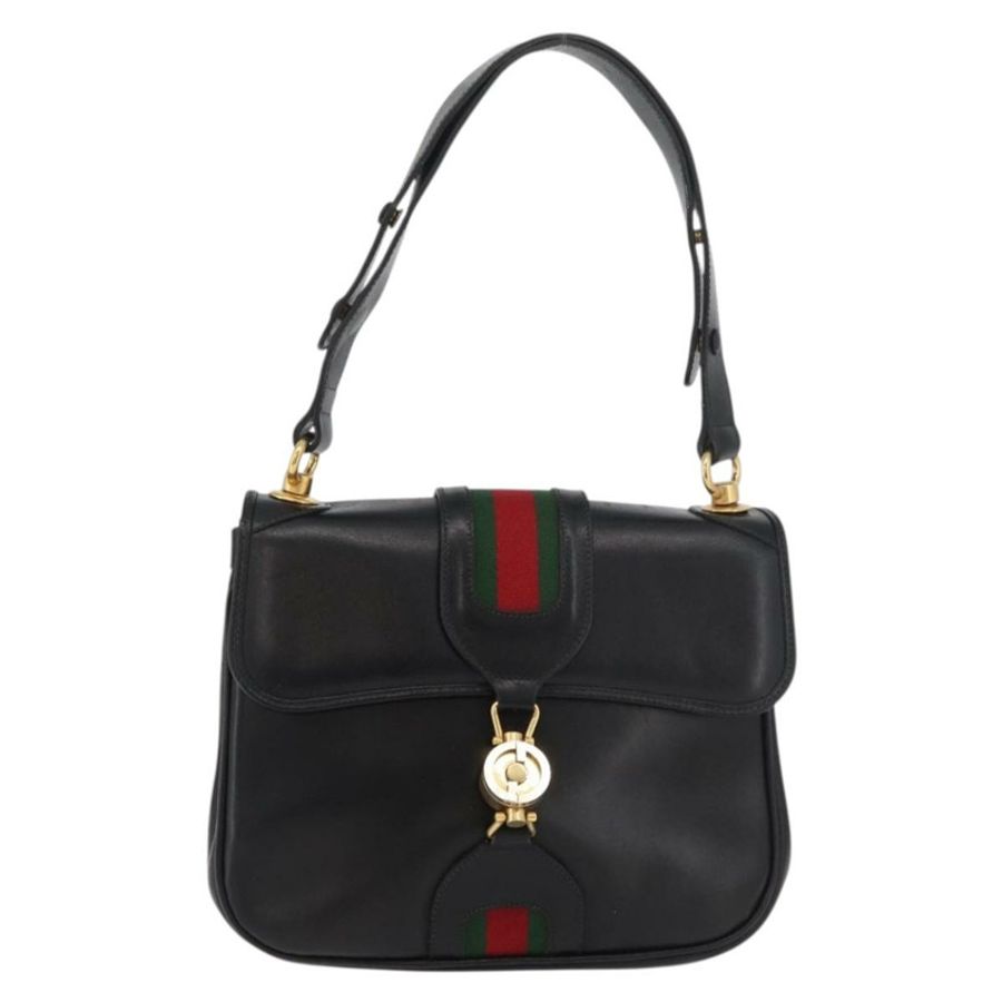 【日本直送】GUCCI Web Sherry Line Jackie 單肩包,黑色金色紅色皮革,正品編號 176825A-12