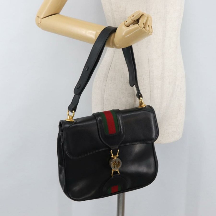 【日本直送】GUCCI Web Sherry Line Jackie 單肩包,黑色金色紅色皮革,正品編號 176825A-21