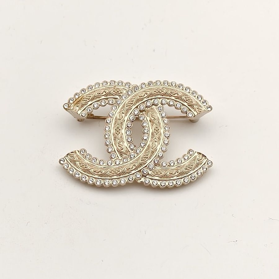 CHANEL 22K金屬交織紋路雙C鑲邊胸針合金/水鑽-1