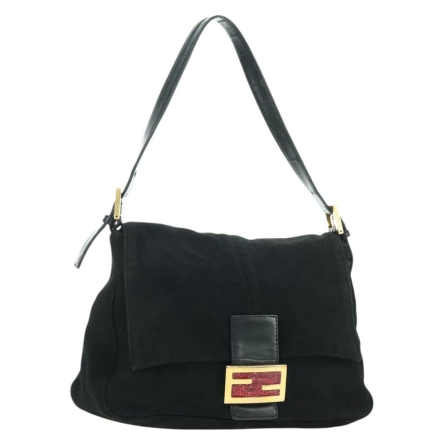 【日本直送】FENDI Mamma Baguette 單肩包 麂皮 黑色 金色 正品 yk20351SAM-0