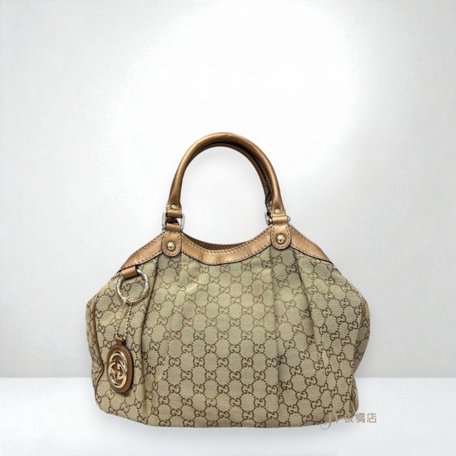 JS1381-Gucci包包 金咖啡牛皮拼緹花帆布手提包211944-0