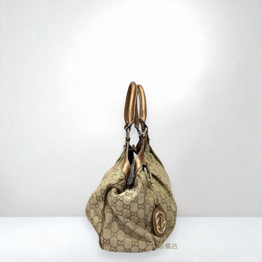 JS1381-Gucci包包 金咖啡牛皮拼緹花帆布手提包211944-1