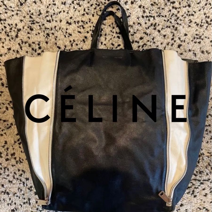 Celine Lamb skin Vertical Cabas Tote 黑色皮革手提包-0