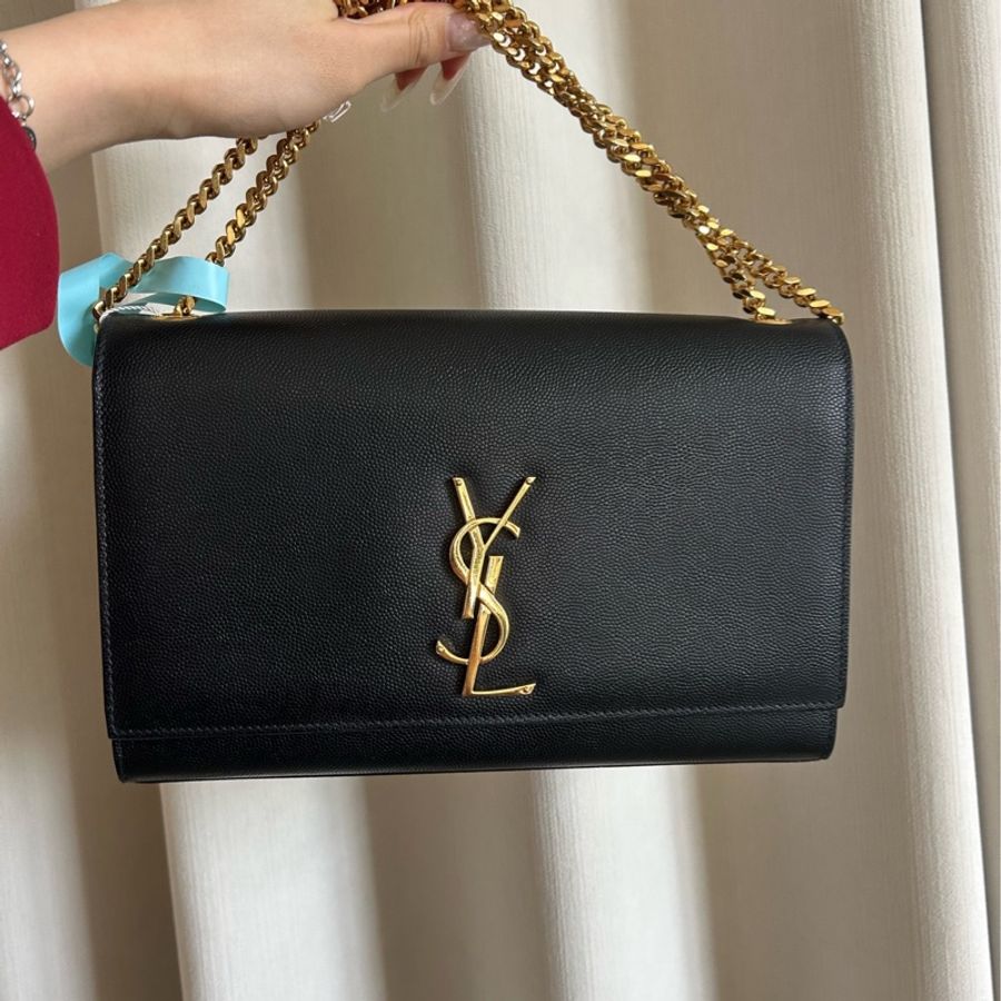 YSL聖羅蘭Kate黑金鍊條包 中號 魚子醬粒面牛皮 金色YSL標誌 尺寸24×14.5×5.5c-0