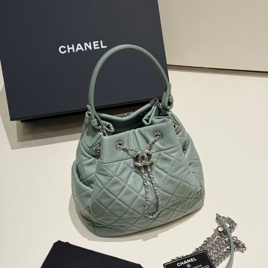 Chanel 抹茶綠 銀扣 手柄 抽繩水桶包 22*22*14 98新配件塵袋 保卡-4