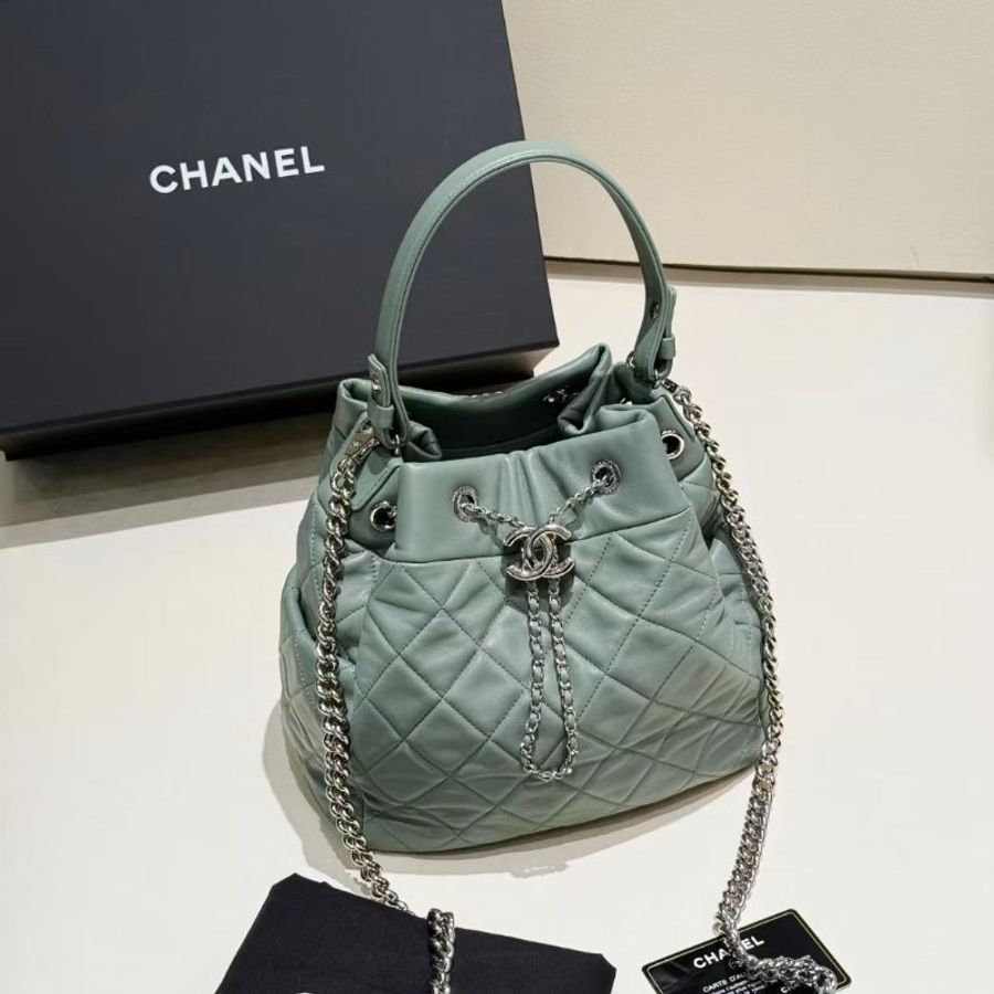 Chanel 抹茶綠 銀扣 手柄 抽繩水桶包 22*22*14 98新配件塵袋 保卡-5