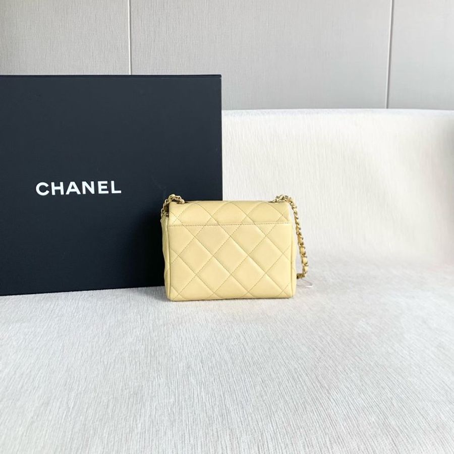 Chanel cf方胖子 芯片款 小雞黃 金扣 荔枝皮 17*14*7 99新配件塵袋-7
