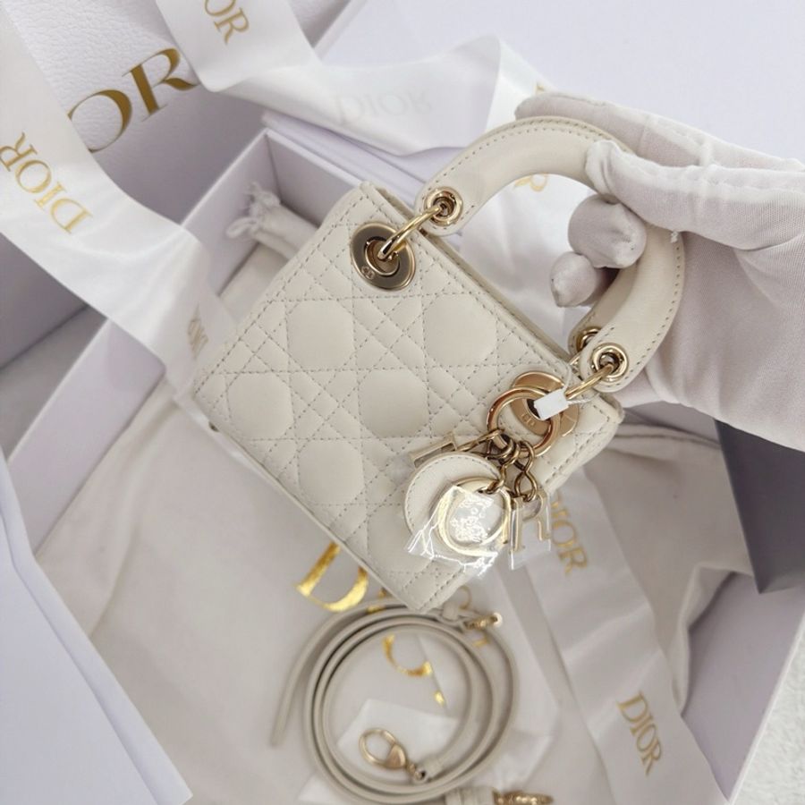 Dior /迪奧 戴妃Micro 白色羊皮金色五金 尺寸：12*10*5 2026年4月購入-0
