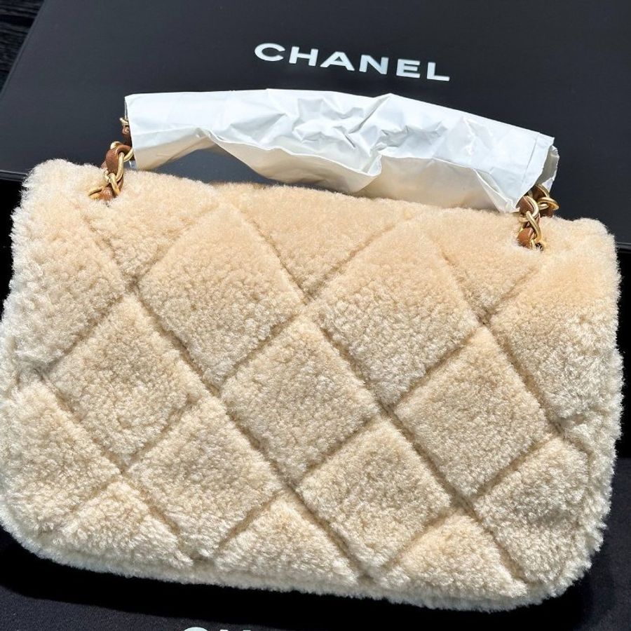 Chanel 24K焦糖棕泰迪熊CF泰迪毛 拼皮菱格紋鏈條包芯片款 16*23.5*7.5cm 99新配件盒子 塵袋-8