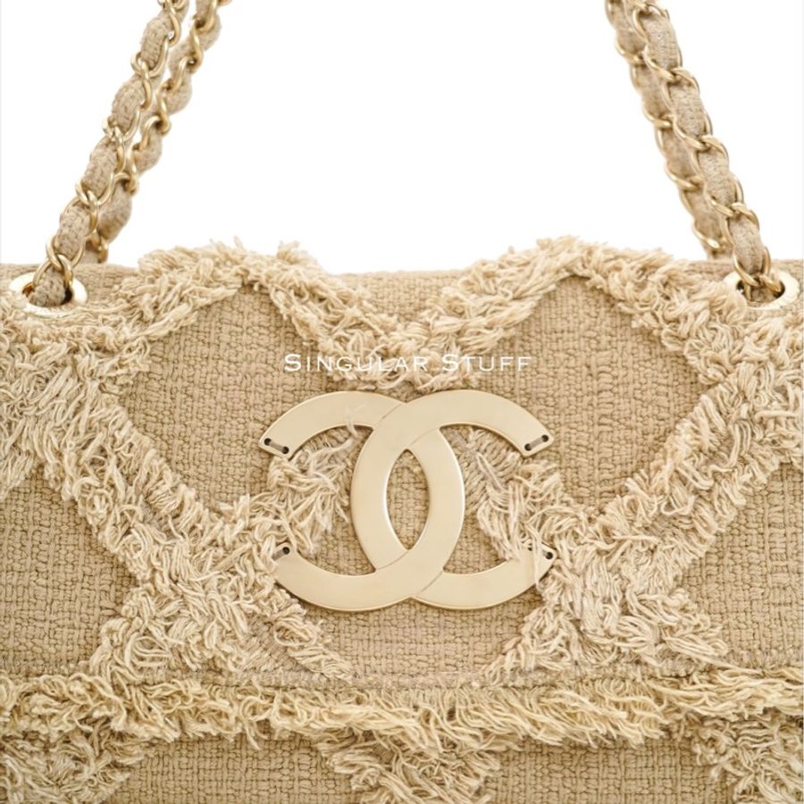Chanel 2009 米色鉤織帆布翻蓋肩背包-2