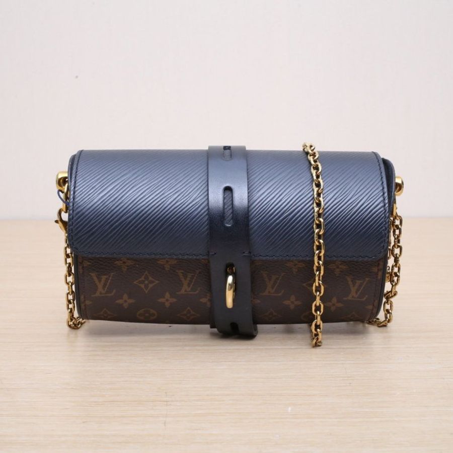 LOUIS VUITTON 水波紋牛皮限量秀款老花拼黑色筆筒金屬鏈條包肩背包-1