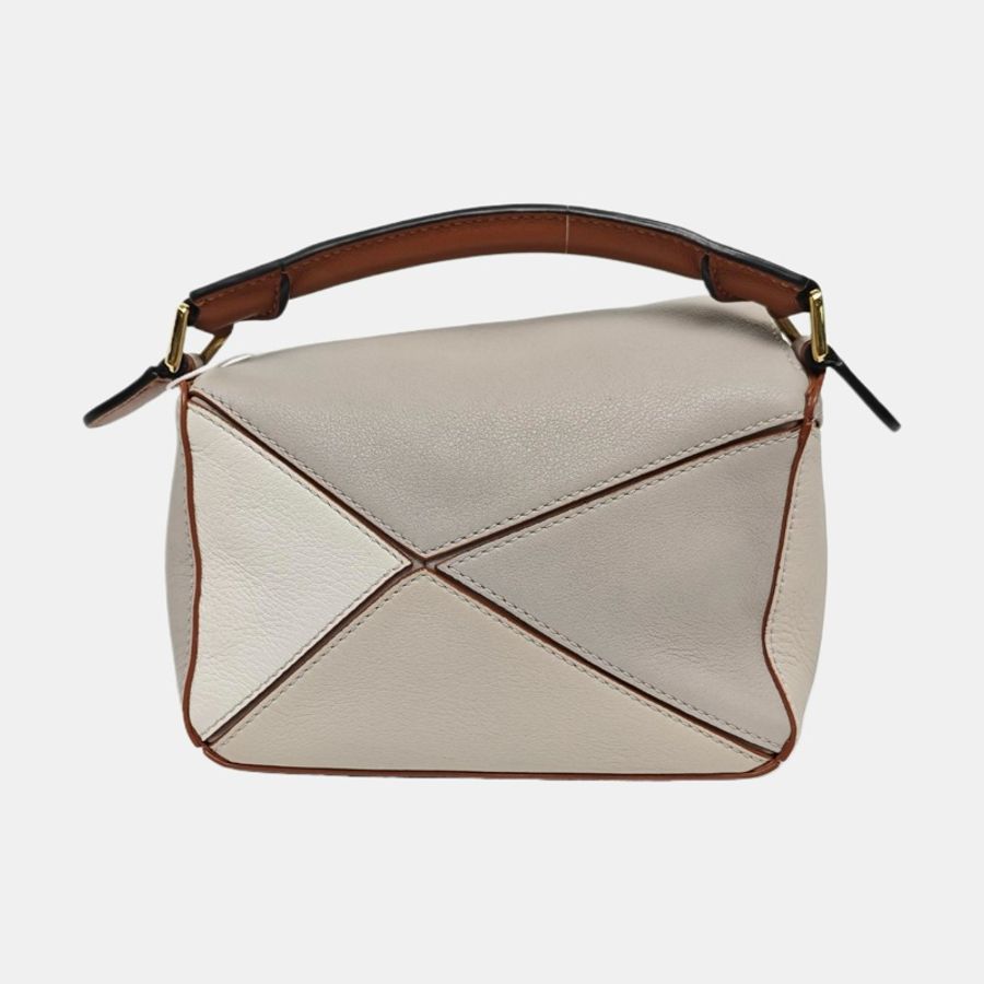 LOEWE Puzzle 迷你 拼色牛皮幾何包單肩包 金色五金 可拆卸肩帶 配件齊全-3