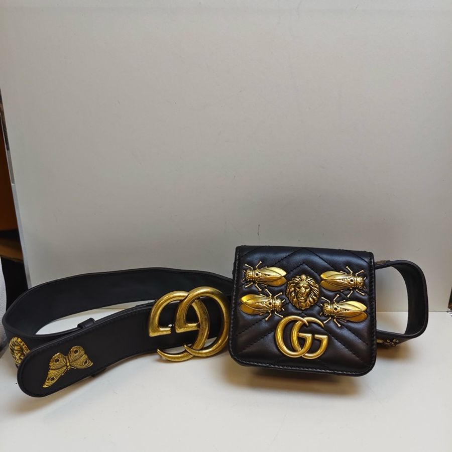 Gucci/古馳 昆蟲款黑金腰帶腰包-0