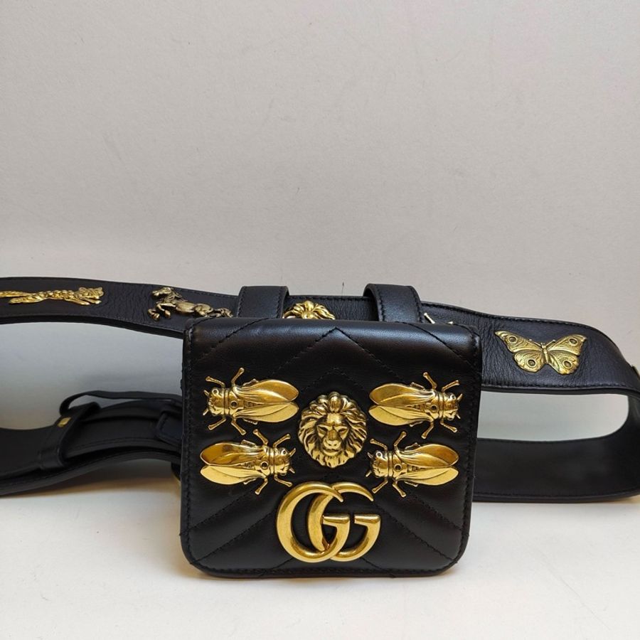 Gucci/古馳 昆蟲款黑金腰帶腰包-1