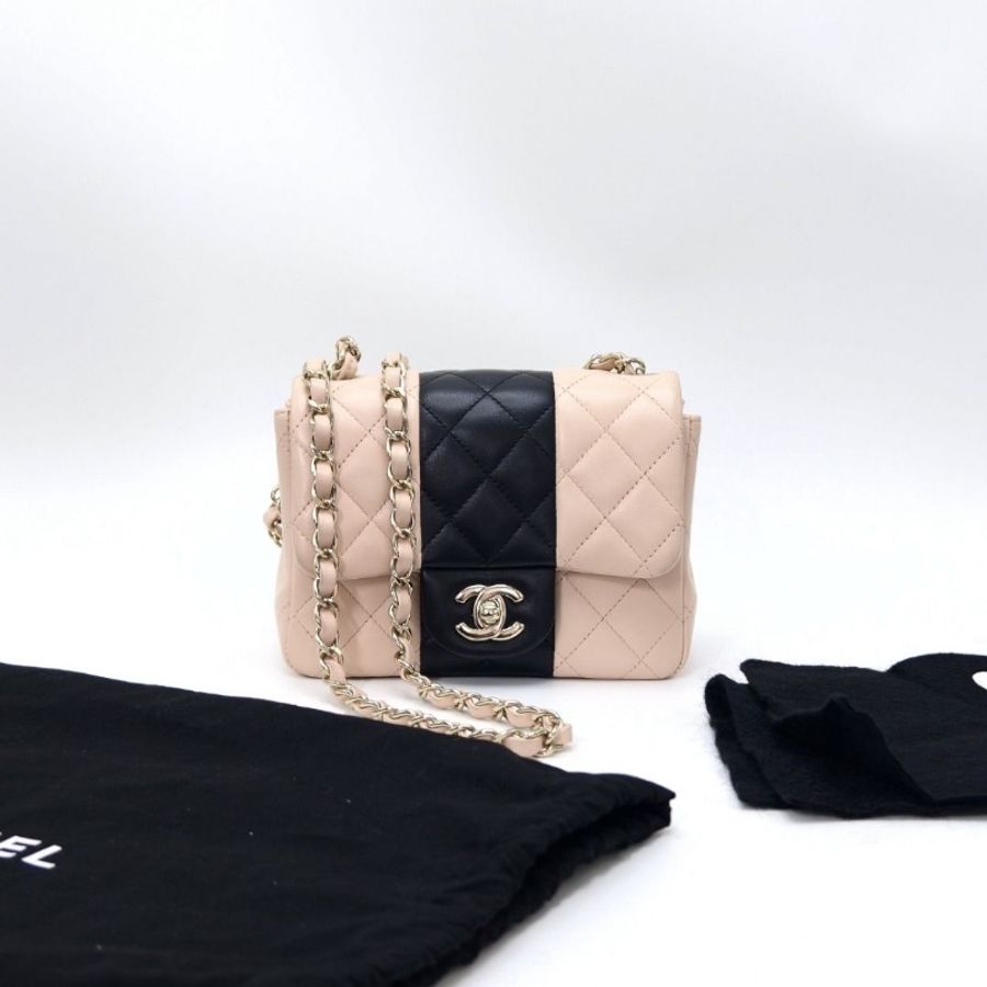 CHANEL 拼色金扣方胖子 肩背斜背鏈條包17*12*7.5 95新 配件塵袋-2