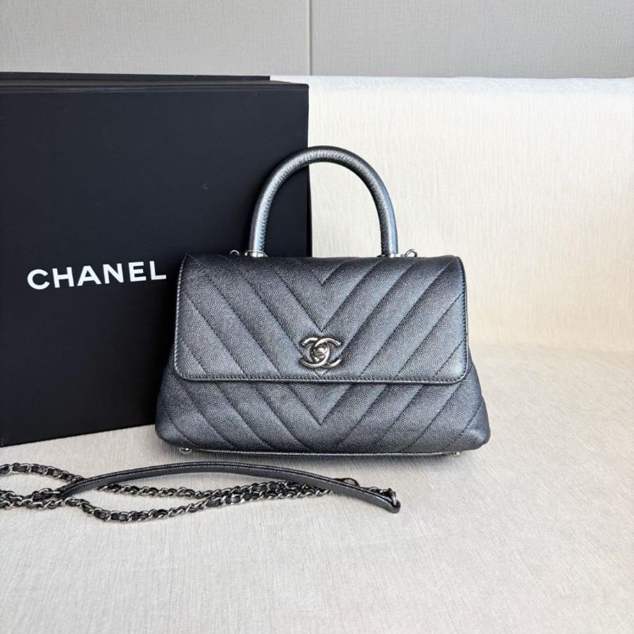 Chanel V紋Cocohandle小號 深灰色 銀扣 荔枝皮 22*14*8 95新 配件肩帶 盒子 塵袋-1