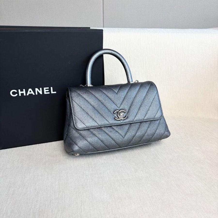 Chanel V紋Cocohandle小號 深灰色 銀扣 荔枝皮 22*14*8 95新 配件肩帶 盒子 塵袋-3