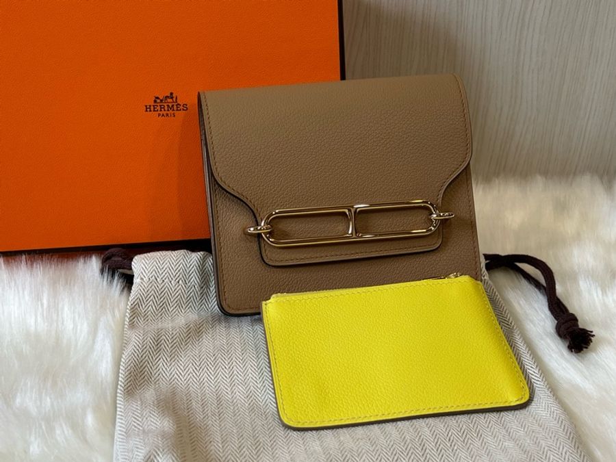 Hermes 愛馬仕 茶色/萊姆(內袋)雙色Roulis Slim 金釦(離櫃全新)-4
