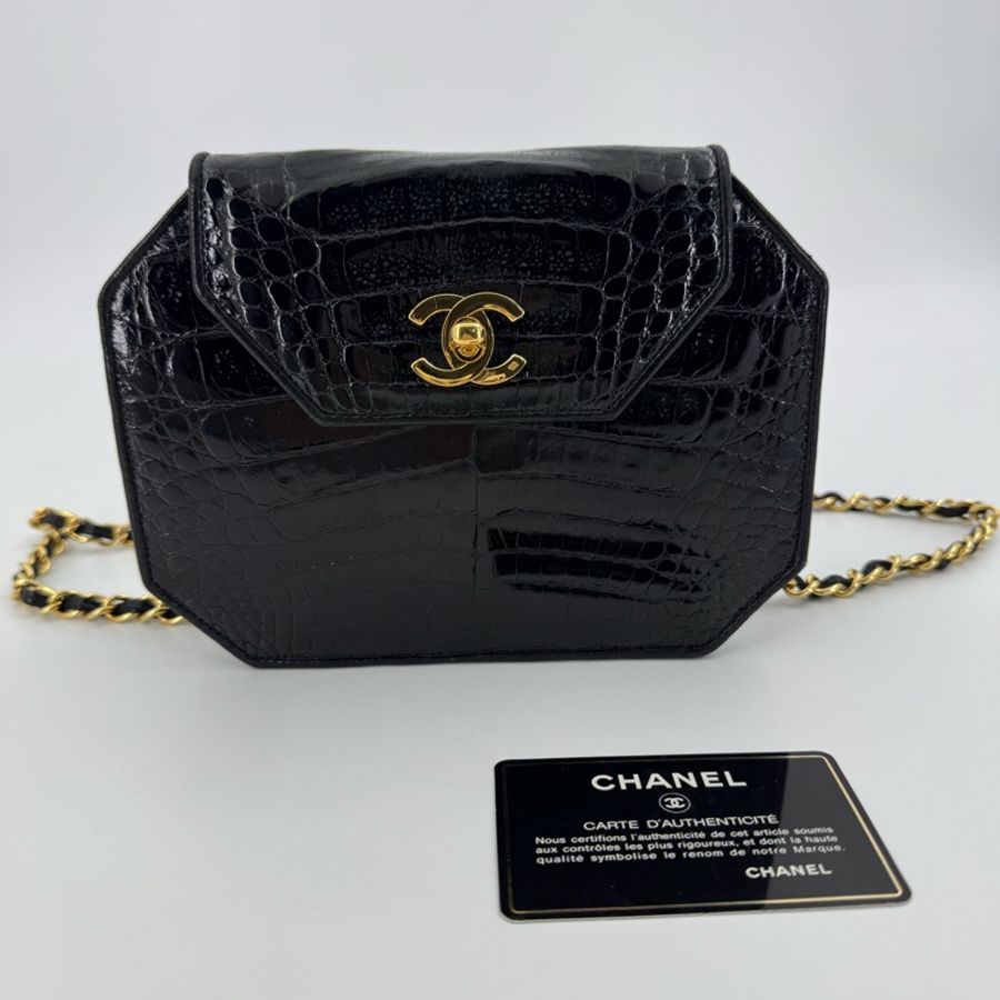 Chanel Vintage 89-91 Black Crocodile Octagon Flap Bag with Gold-tone Hardware-0