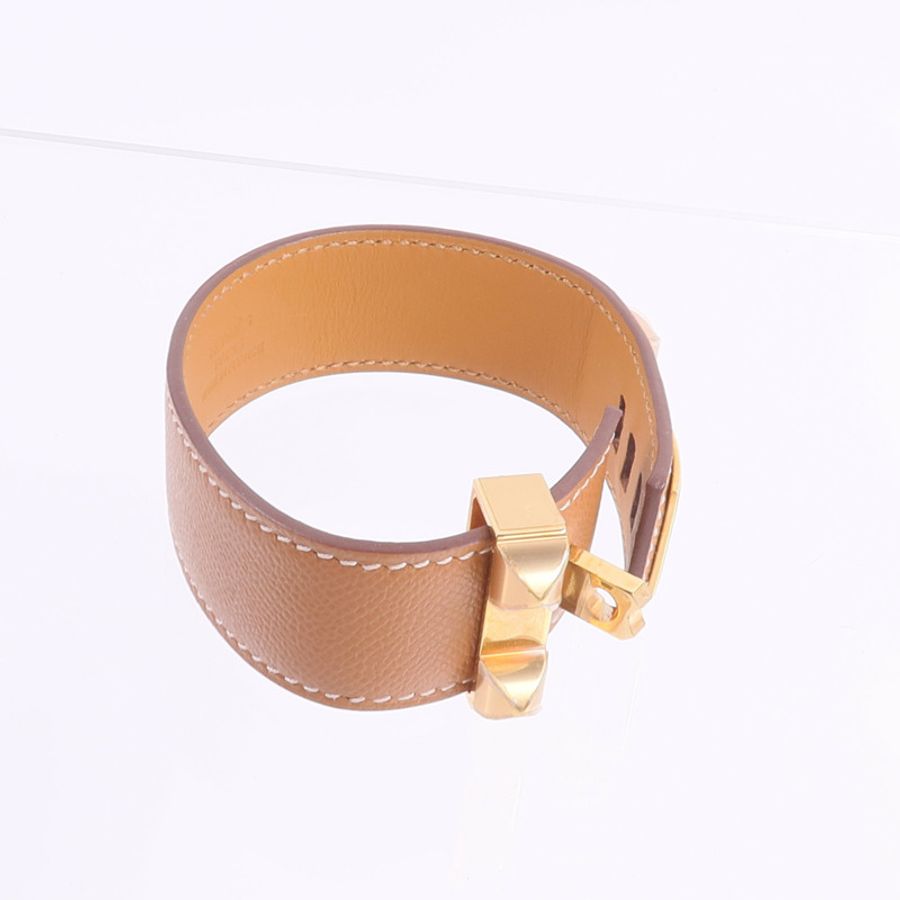 HERMES Madame皮革Collier De Chien 24 Bracelet手帶Gold-8