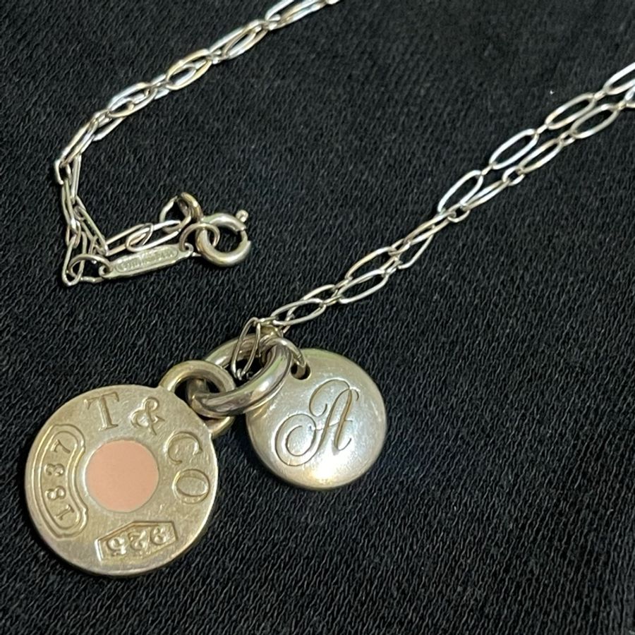 Tiffany 粉色琺瑯圓牌項鍊加英文純銀925圓牌-5