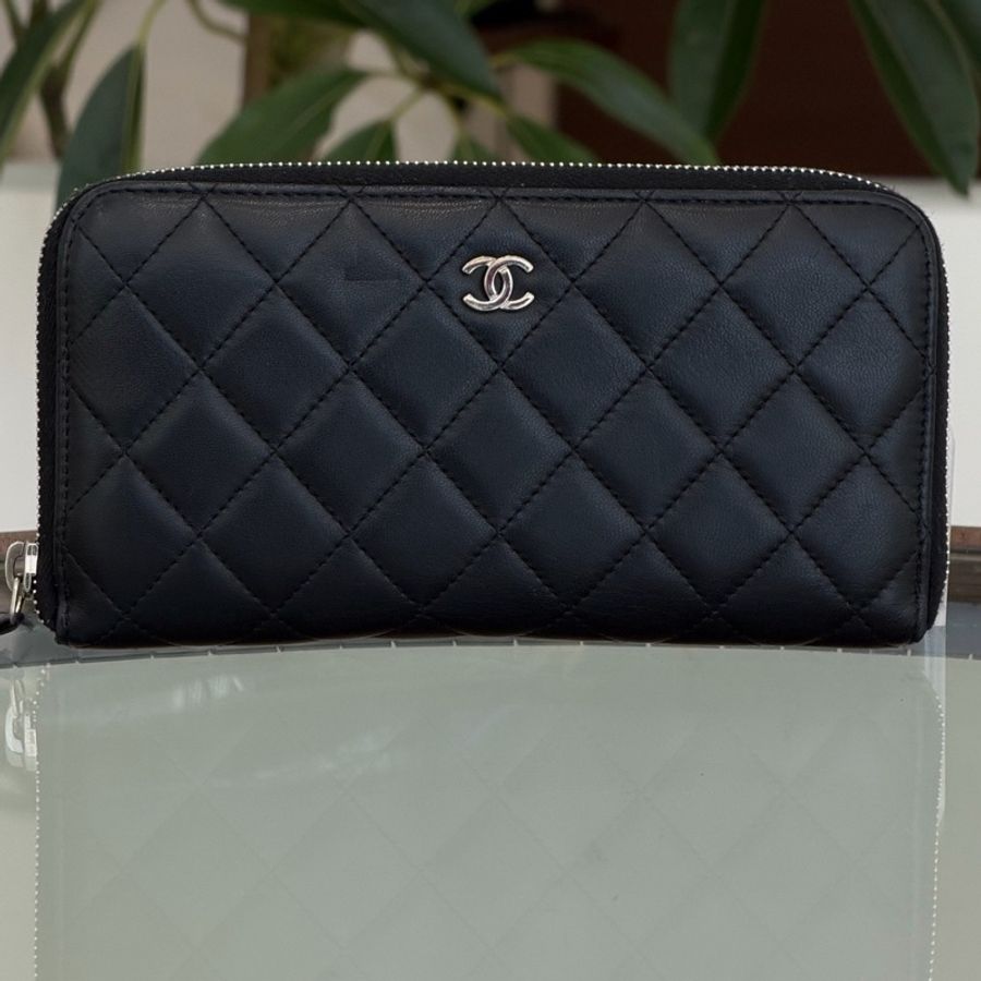 Chanel 香奈兒 黑銀羊皮拉鍊錢包 標誌性的菱格絎縫工藝16開無卡-0