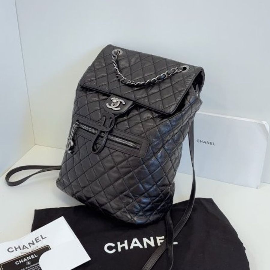 香奈兒/Chanel 黑銀油蠟牛皮 薩爾茨堡雙肩包 中號-2