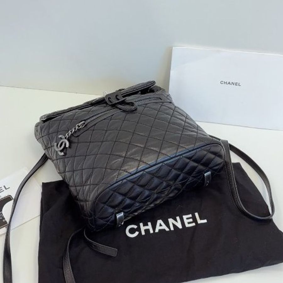 香奈兒/Chanel 黑銀油蠟牛皮 薩爾茨堡雙肩包 中號-7
