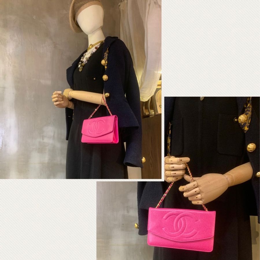 香奈兒山茶花粉紅魚子醬多用途包 Chanel Vintage Caviar Skin CC Logo Pouch In Camellia Pink + Chain-6