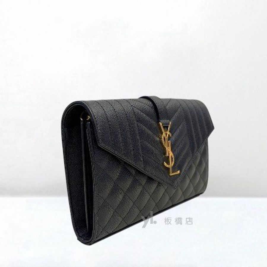 Y2034-YSL 黑色荔枝皮金釦信封下蓋練包-3